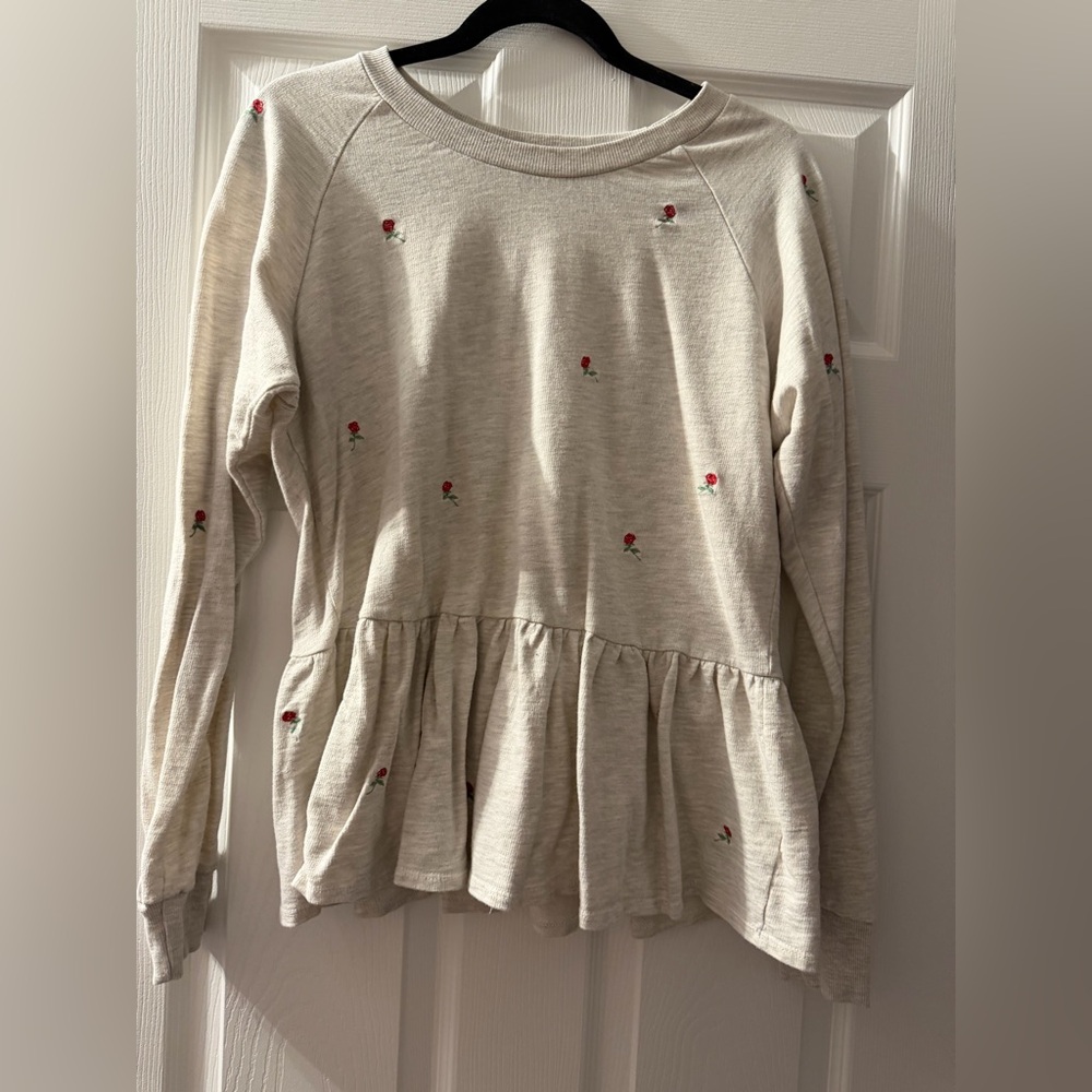 T.La (Anthropologie) Grey Peplum Long-Sleeve Sweatshirt with Red Rose Embroidery
